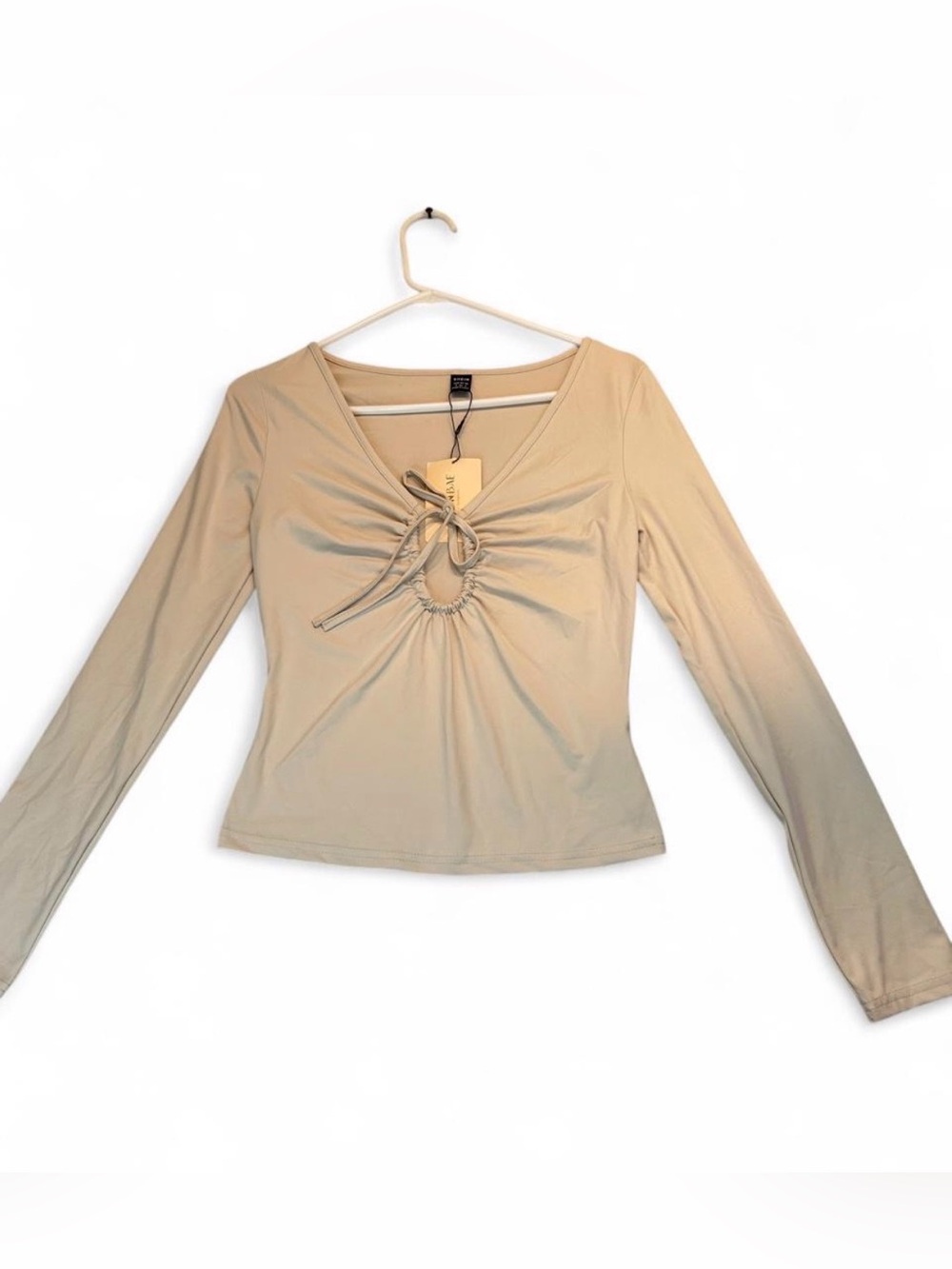SHEIN Beige Long Sleeve V-Neck Tie-Front Top